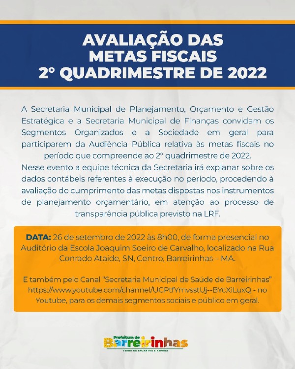 Convite para Audiência Pública - Avaliação das Metas Fiscais 2° quadrimestre de 2022